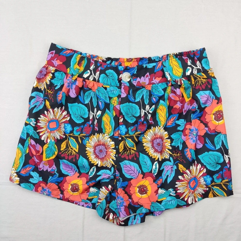 Unbranded Shorts Women‎ M Black Floral Tropical Elastic Waist Side Pocket Casual